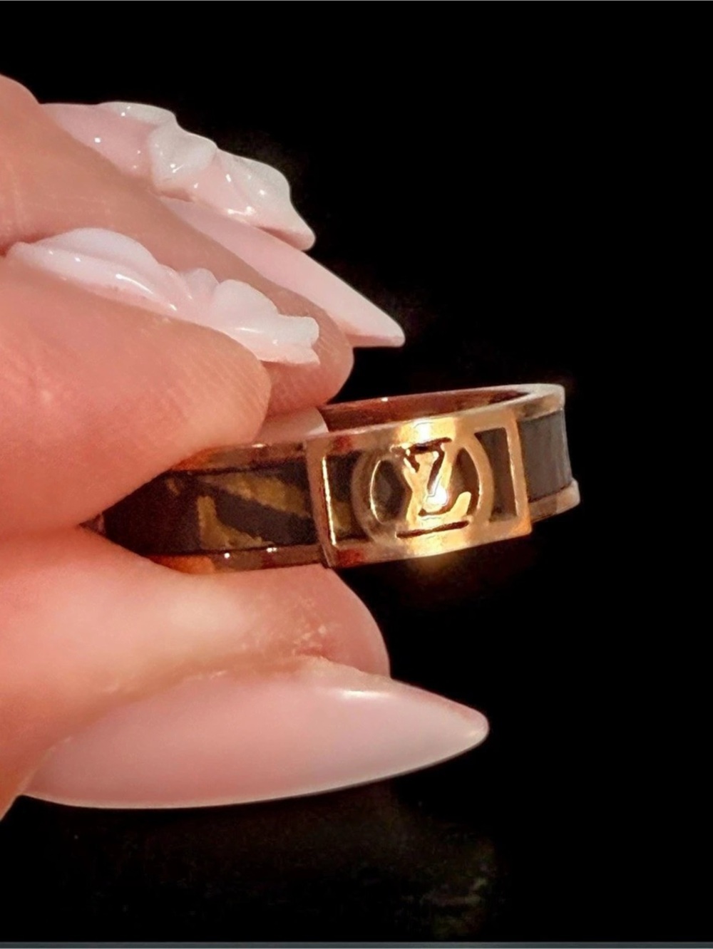 Stainless Steel Gold Plated Logo Initials Ring Brown Monogram Size 8